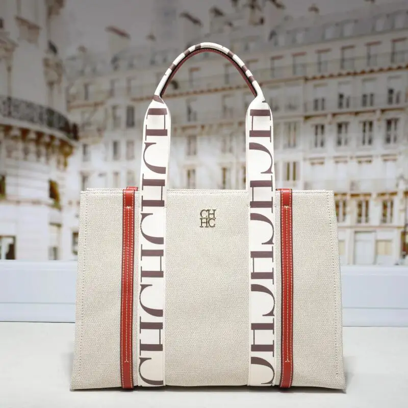 CH Womens Casual Tote Bag Monogram Print Wide Strap All Match Gold Logo Shoulder Purse Daily Use Shopping