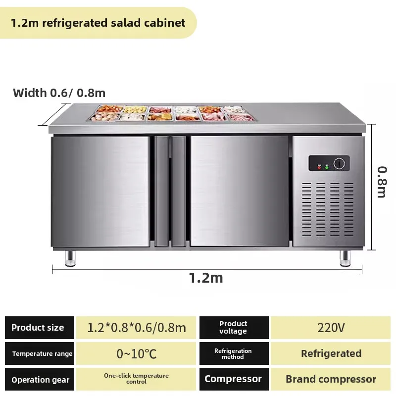 Slotted salad table, fresh-keeping workbench, fruit fishing display cabinet, commercial Malatang cold dishes, refrigerated side