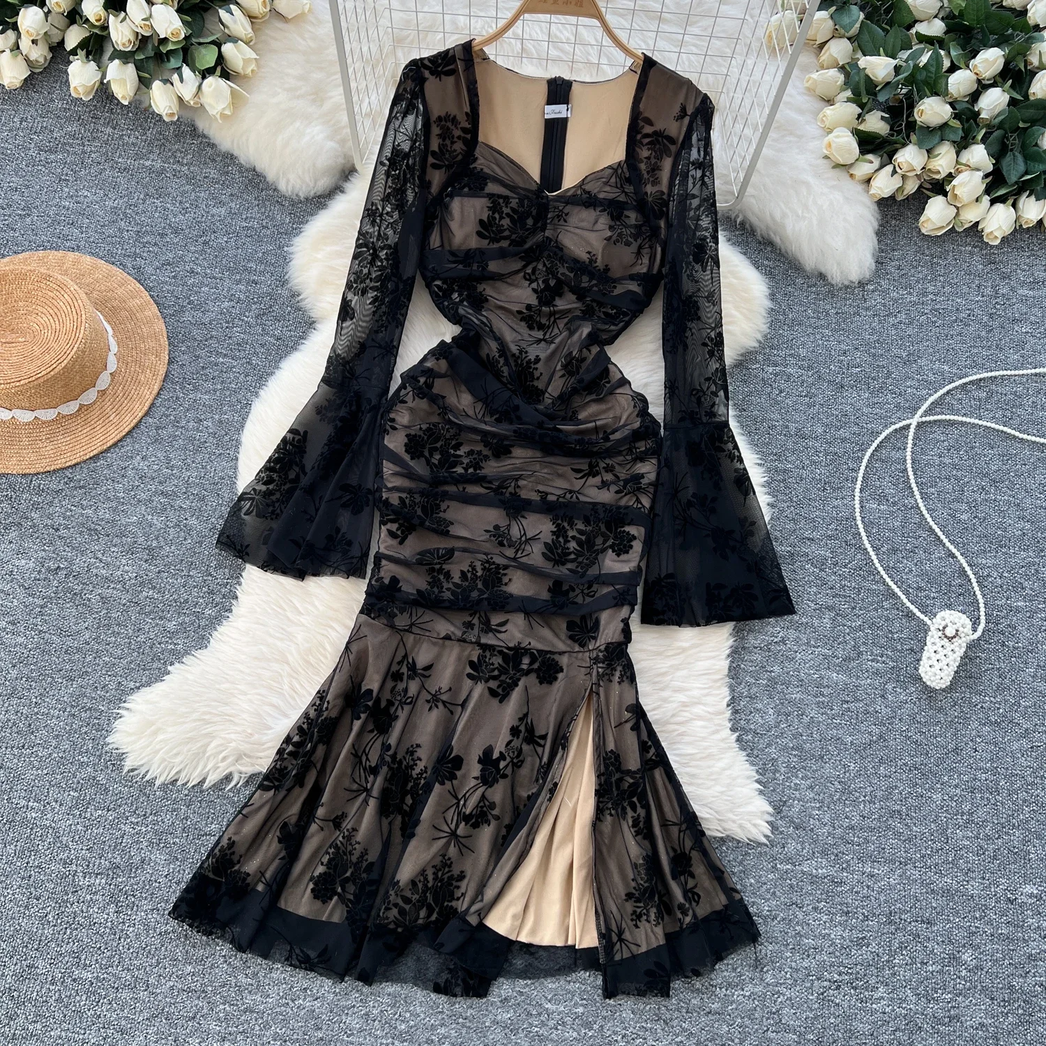 Vintage Long Sleeve Elegant Square Neck Chic Lace Slim Split Pleated Ruffle Dress Women Korean Sexy Evening High Street Clothing