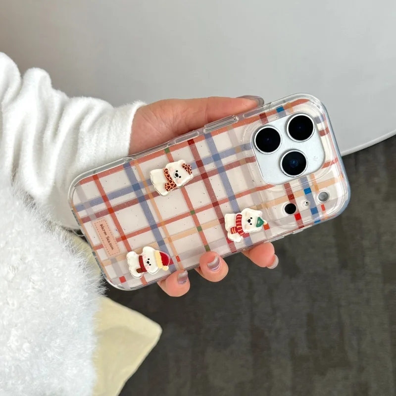 

Color Plaid Pattern Cute 3D Puppy Phone Case For iPhone 17 Pro 14 15 16 Pro Max Protective Cover Cartoon Cases For Apple 16 Pro
