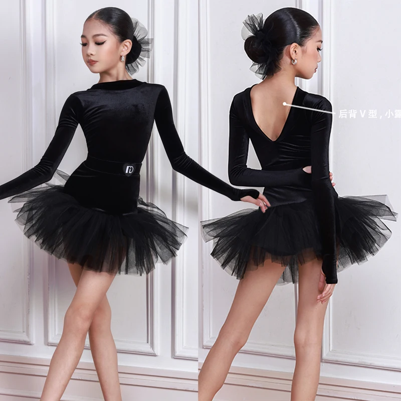 

Бархатный костюм для латинских танцев, новый зимний черный танцевальный трико для девочек, сетчатая юбка, тренировочный наряд для ча-ча, одежда для выступлений в латиноамериканском стиле