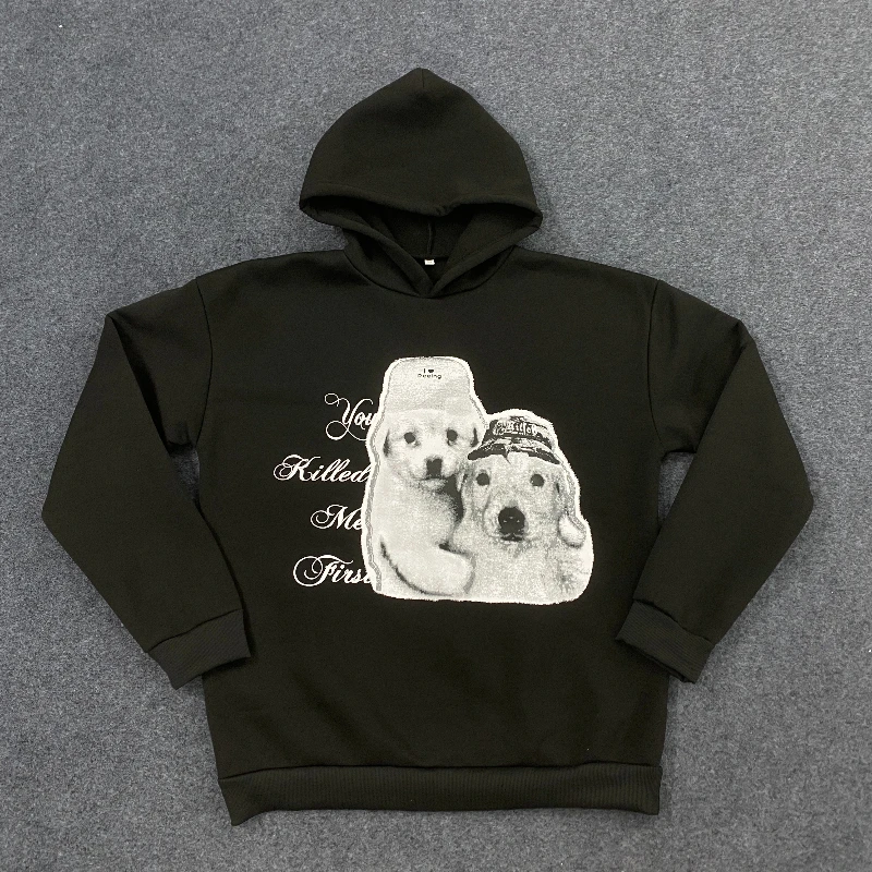 

2025 dark and loose antique style personalized American print hooded long sleeved pullover pocket hoodie y2k