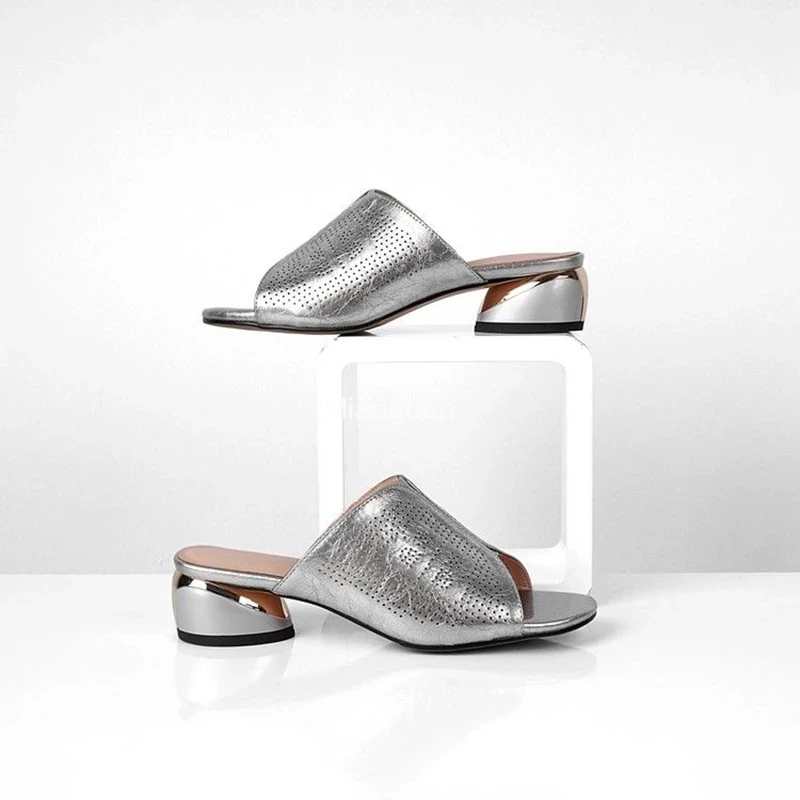 Plus Size PU Leather Slippers Women\'s Silver Gold Sexy Med High Heels Square Heels Fashion Outdoor Jelly Sliders Casual Sandals