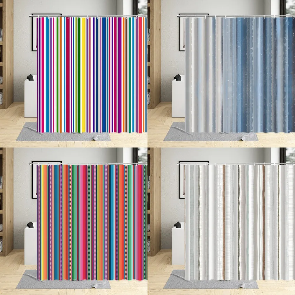 Decorative Geometric Shower Curtain, Colorful Stripe Printing, Waterproof Bathroom Decor, Polyester Fabric Curtains with Hooks