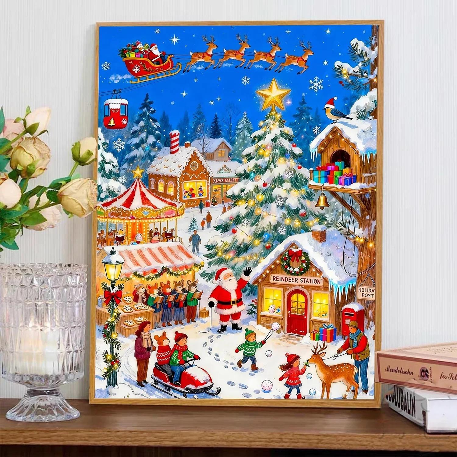 

Рождественская снежная деревня: Набор для вышивания крестиком, ручная работа, создание уютной атмосферы, алмазная вышивка, хлопковая ткань, пейзаж