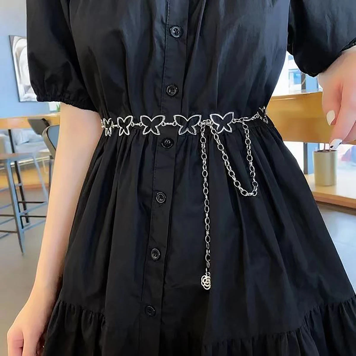 

Women's Hollowed Out Metal Butterfly Chain Belt and Decorative Dress