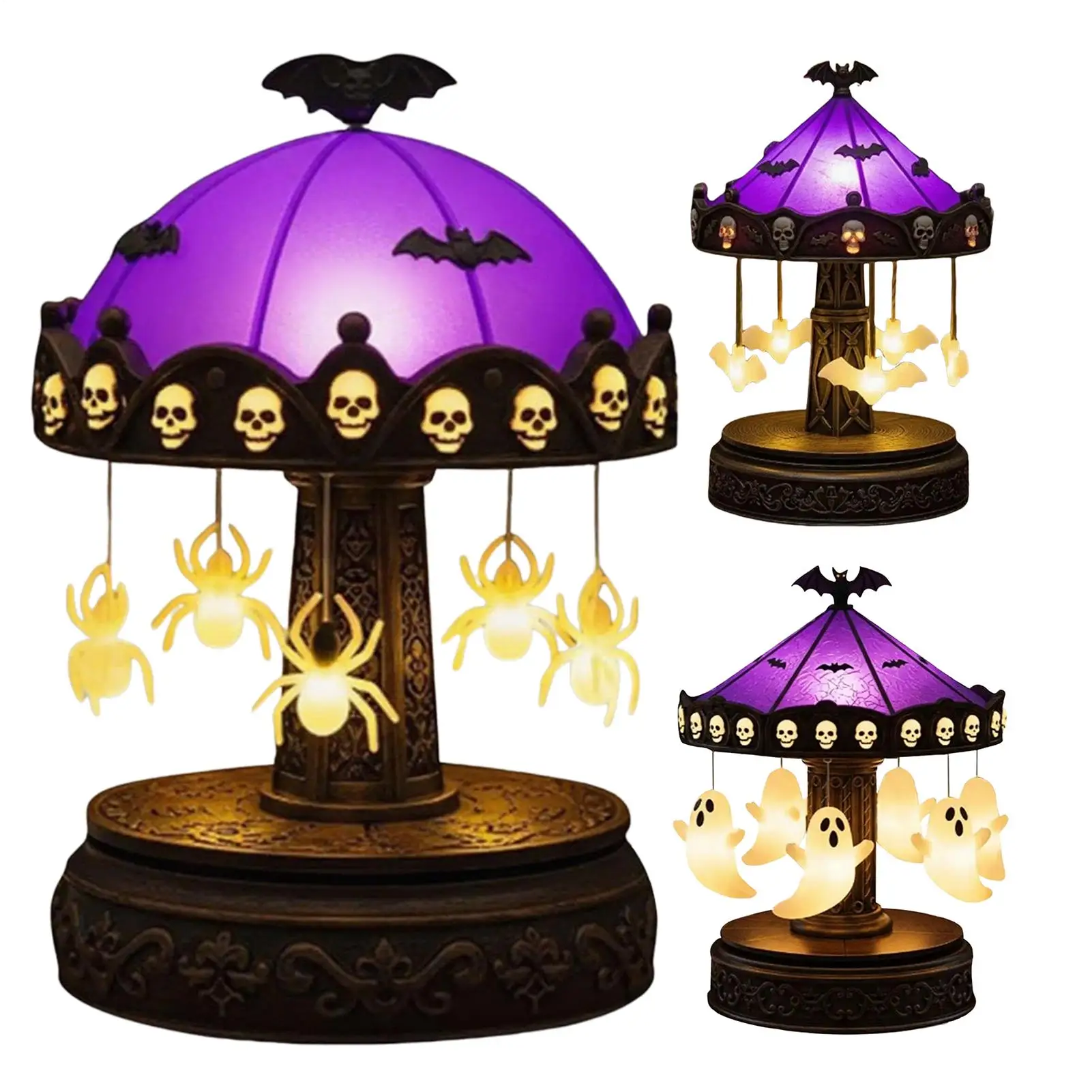Halloween Ghost Bat Spider Carousel Night Light USB Rechargeable Spooky Carousel Night Light Halloween Night Light Desktop Decor