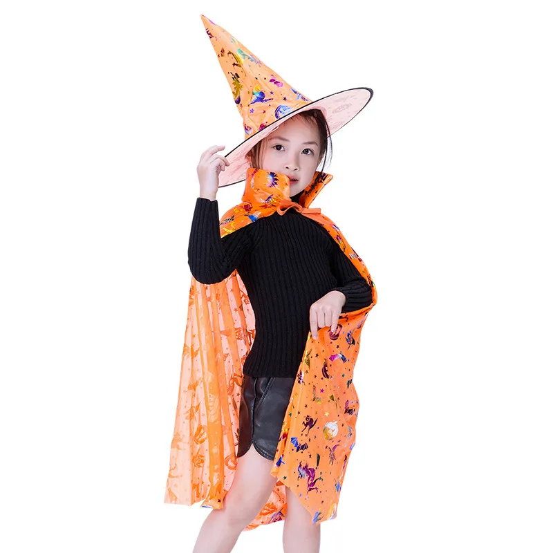 Halloween Masquerade Ball Costume for Kids Wizard Witch Cloak Cape Robe with Hat for Stage Show Children Carnival Dress Up Party