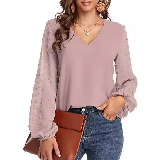 Dames effen tops blouses dames 2024 lange mouw elegante v-hals losse shirt blouse casual shirts lente zomer dames top