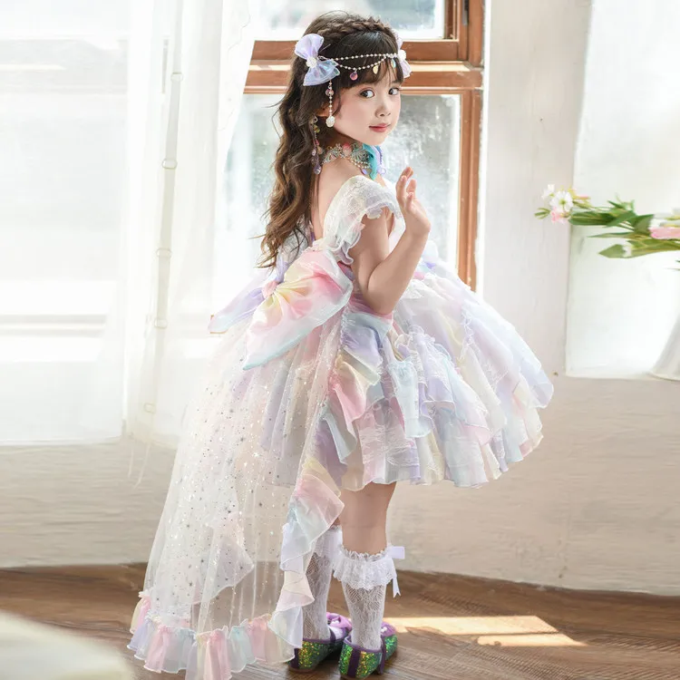 Summer Multicolor baby girls Backless Lolita Ball Gown Dress kid Princess Birthday Party dresses Child Performance Clothing 3-11