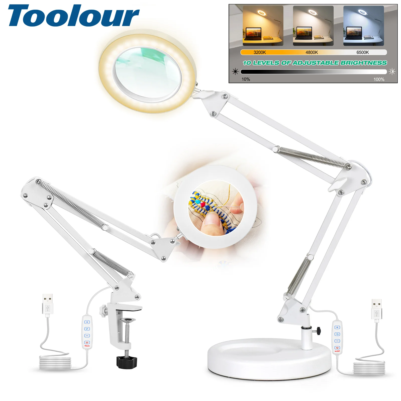 

Toolour 5X Magnifying Glass with Light and Stand&Clamp 2-in-1 LED Lighted Desk Lamp Hands Free Magnifier for Craft Hobby Repair