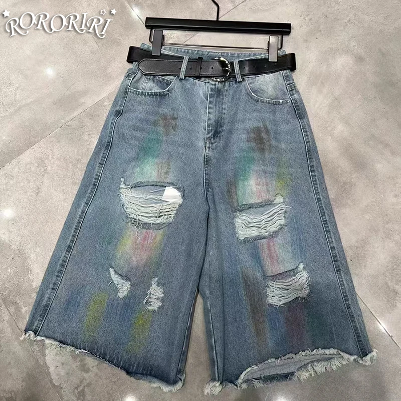 

RORORIRI Y2K Retro Ripped Short Jeans Colorful Graffiti Loose Fit Denim Shorts Straight Leg Knee Length Jorts for Women Summer