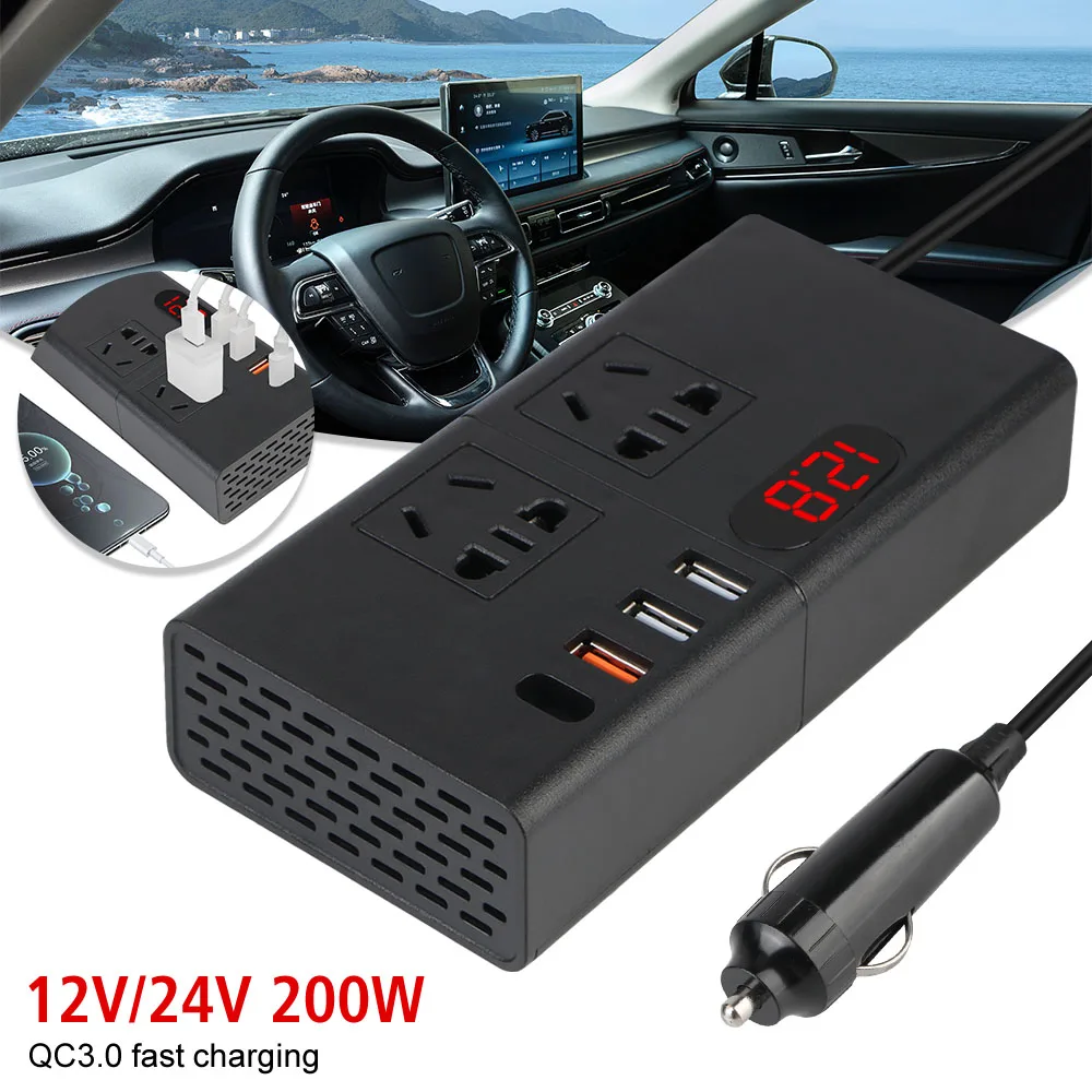 

Universal Voltage Display 200W Car Inverter Car Socket USB Fast Charging QC 3.0 Power Adapter Auto Accessories USB Chargers