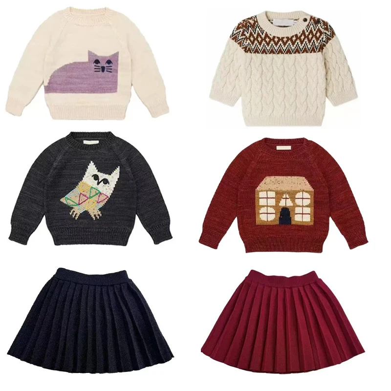 

Шерстяной свитер для девочек, осень/зима 2022, новый трикотаж с вышивкой, свитер с рисунком овцы, пуловер для мальчиков и девочек, короткая юбка