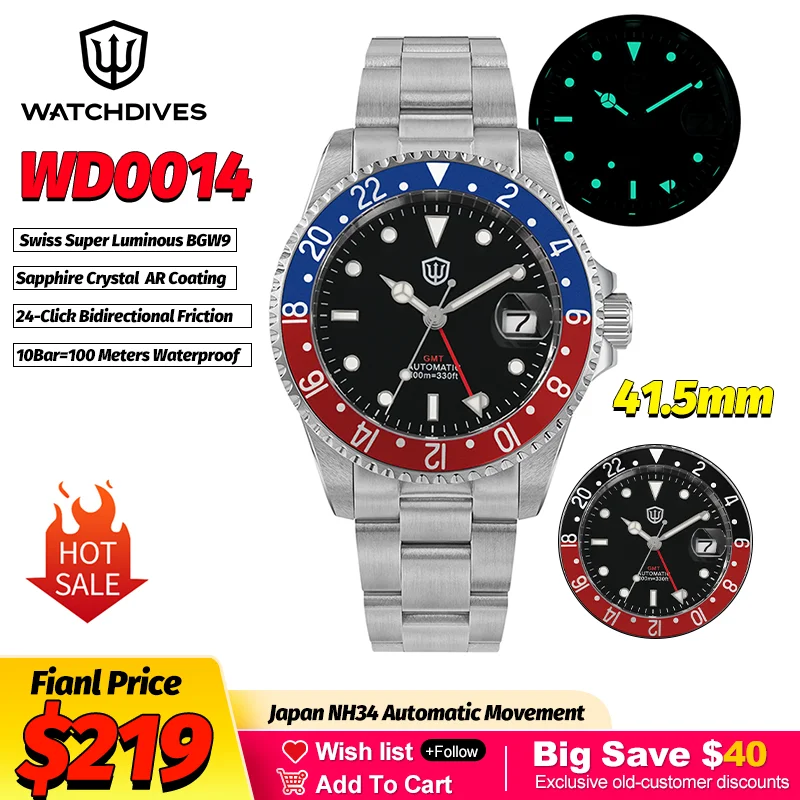 

Мужские механические часы Watchdives WD0014 GMT с 24-кликовым безелем, автоматический механизм NH34, сапфировое стекло, водонепроницаемость 100 м, 41,5 мм, люксовые часы