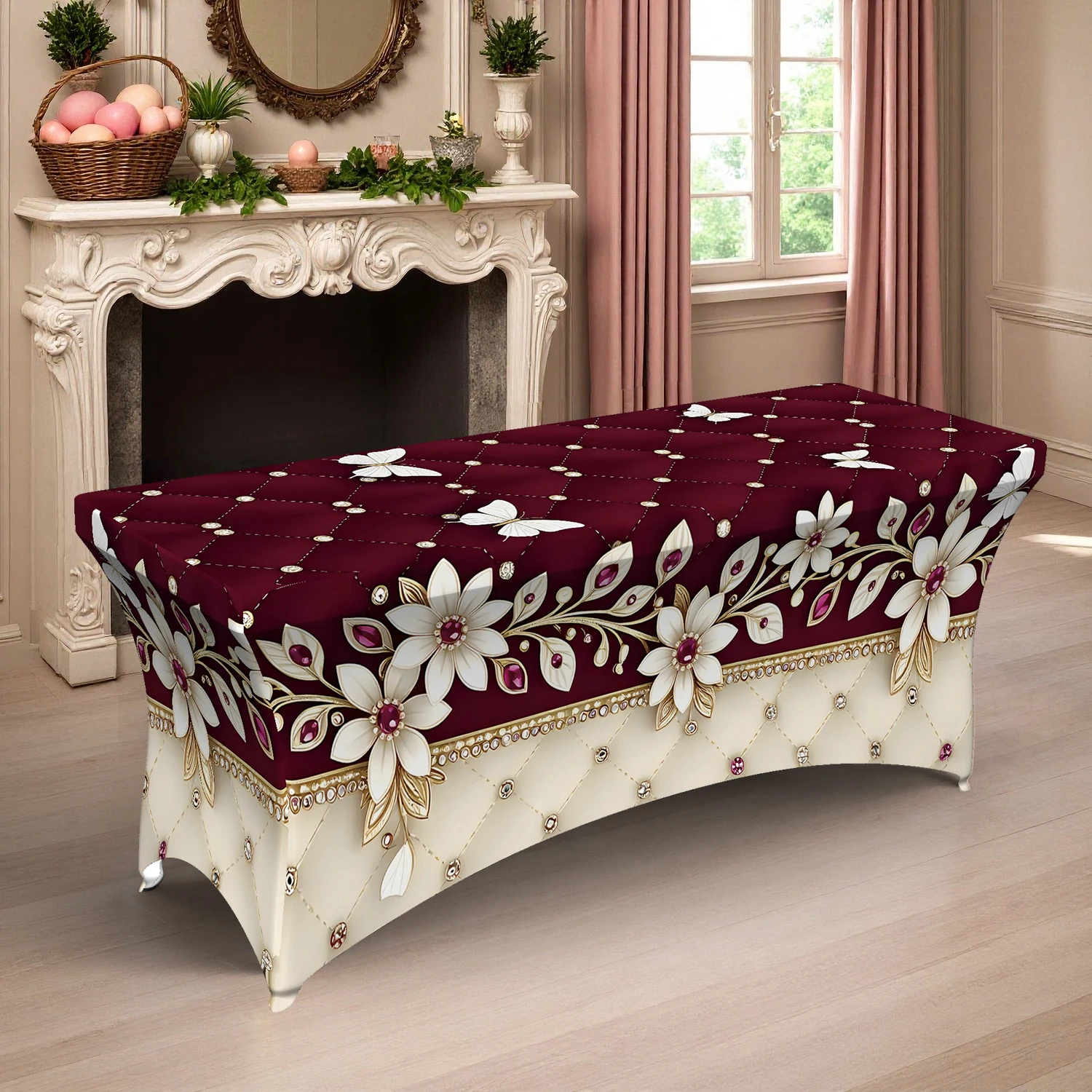 1PC Luxurious Burgundy Floral & Butterfly Printed Elastic Tablecloth, 4/6/8FT Rectangular Summer Outdoor Stretc