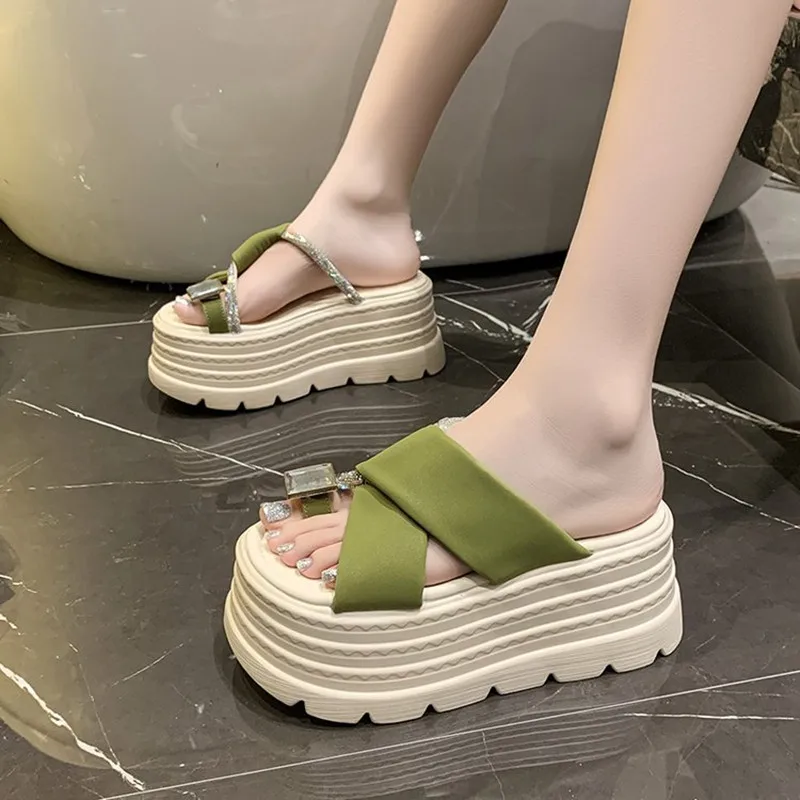 

Brand Clip Loop Toe High Heel Slippers Women Sexy Sparkly Imitation Diamond Slides Sandals Woman Fashion Platform Chunky Slipper