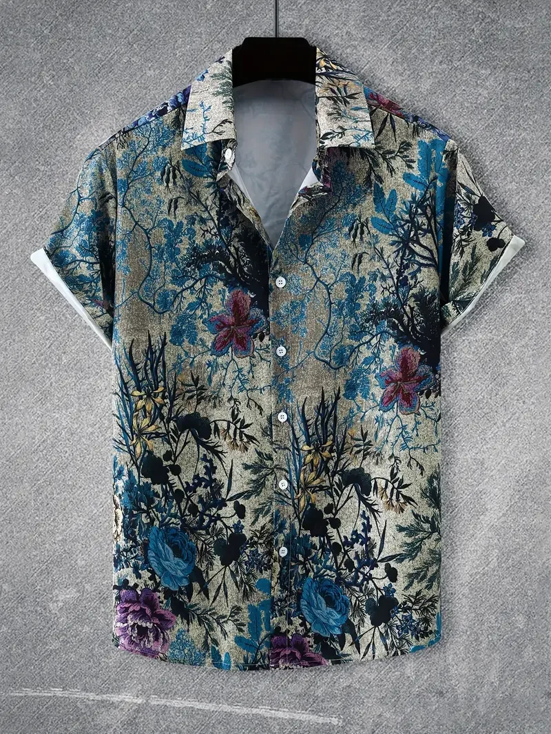 Camisa con estampado de flores para hombre, camisa informal de manga corta con botones y cuello abatible, diseño de plantas a la moda, Hawaiana de verano