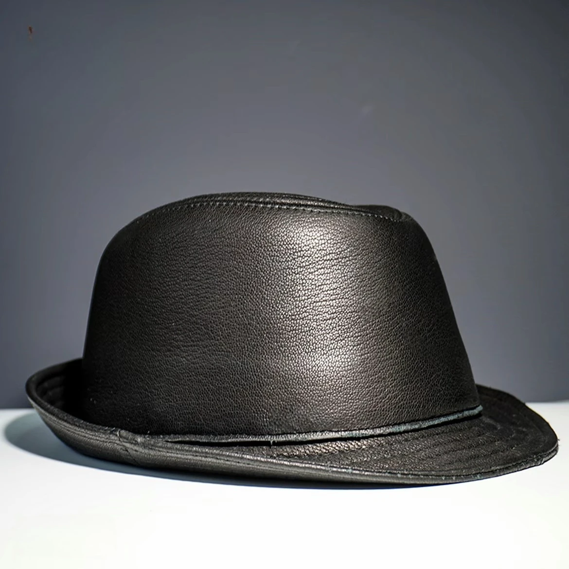 Male High Quality Genuine Leather Formal Top Hat Jazz Gentleman Cow Skin Short Brim Dark Brown Top Fedoras