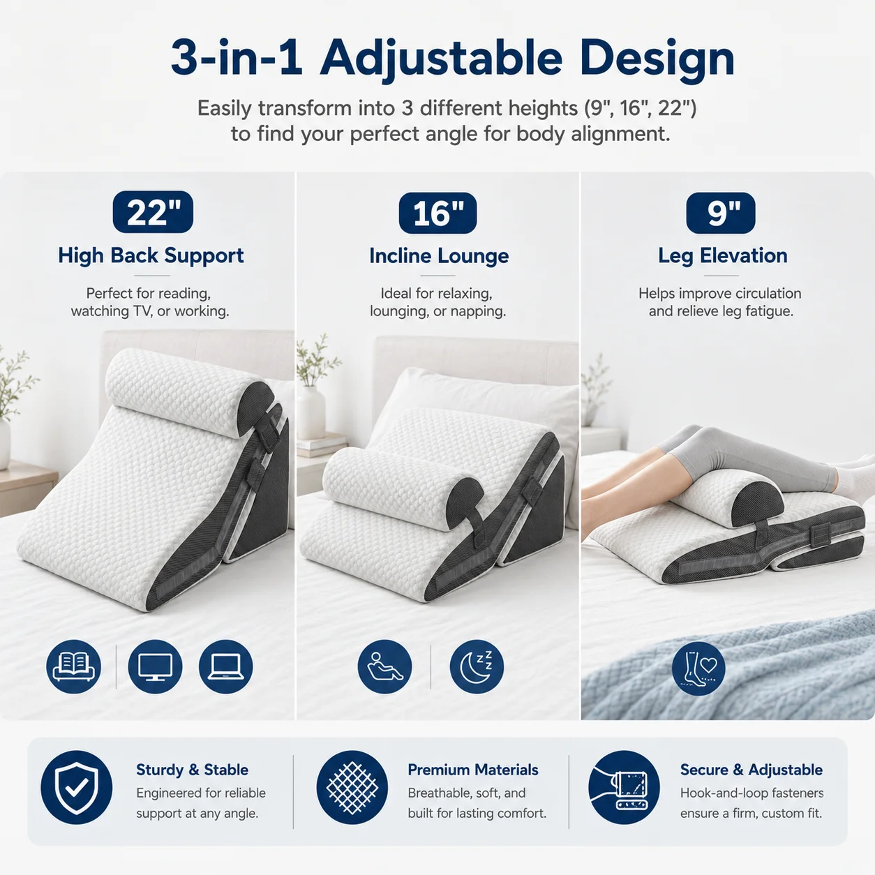 Adjustable Split Wedge Pillow Memory Foam Back Support Pillow Cooling Ice Silk  Bolster for Reading Sleeping Acid Reflux