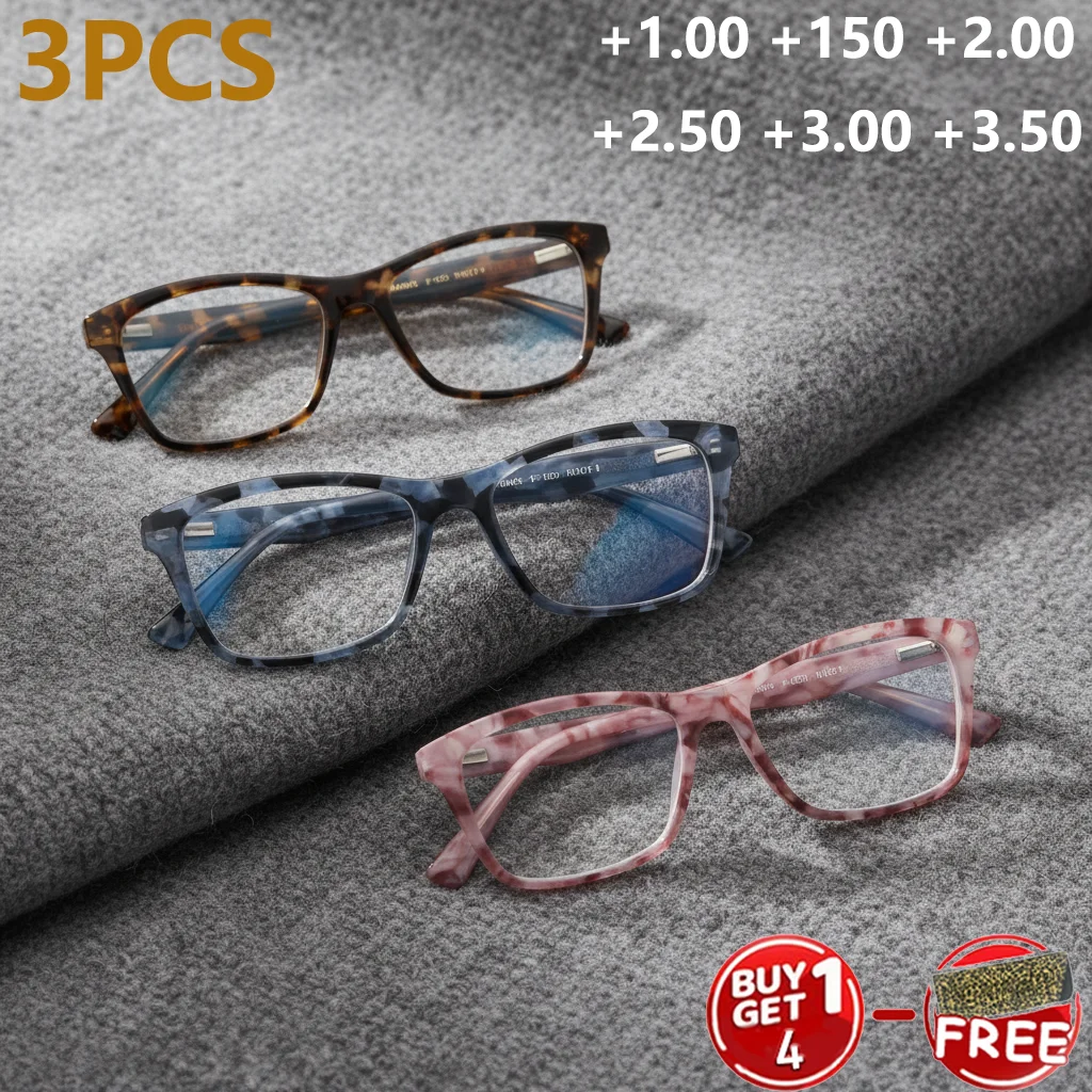 3PCS Marble-Pattern Reading Glasses, blue light blocking, spring hinges, comfy for reading and office use.