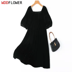 100% Mulberry Silk Lining Women Silk Velvet Dress  Baby Doll Solid Color Black A-line Midi Dress Office Lady M1194