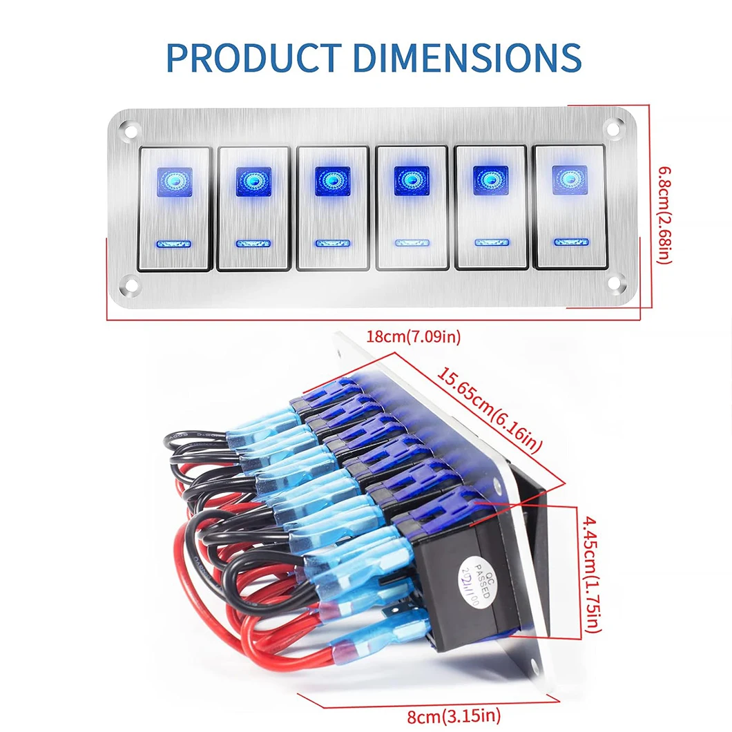 ABILKEEN ON-OFF 6 Gang Aluminum Rocker Switch Panle with Dual LED Light DC12-24V Car RV Truck Boat Modification Waterproof Panel