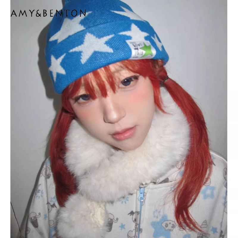 

Vintage Design Accessories Autumn Winter New Large Head Circumference Atmosphere Sweet Versatile Star Print Knitted Hat Ladies