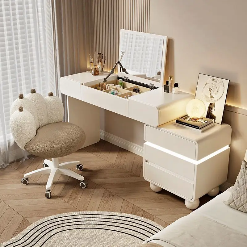 

Bedroom dresser chest integrated cream wind small apartment new flip cover makeup mirror solid wood retractable makeup table