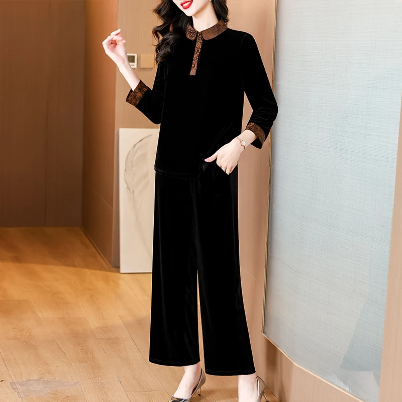 Large Size Casual Sets Spring Fall Middle Aged Mother Retro Gold Velvet Pants Two Piece Suit Women Velvet Conjunto Tracksuit