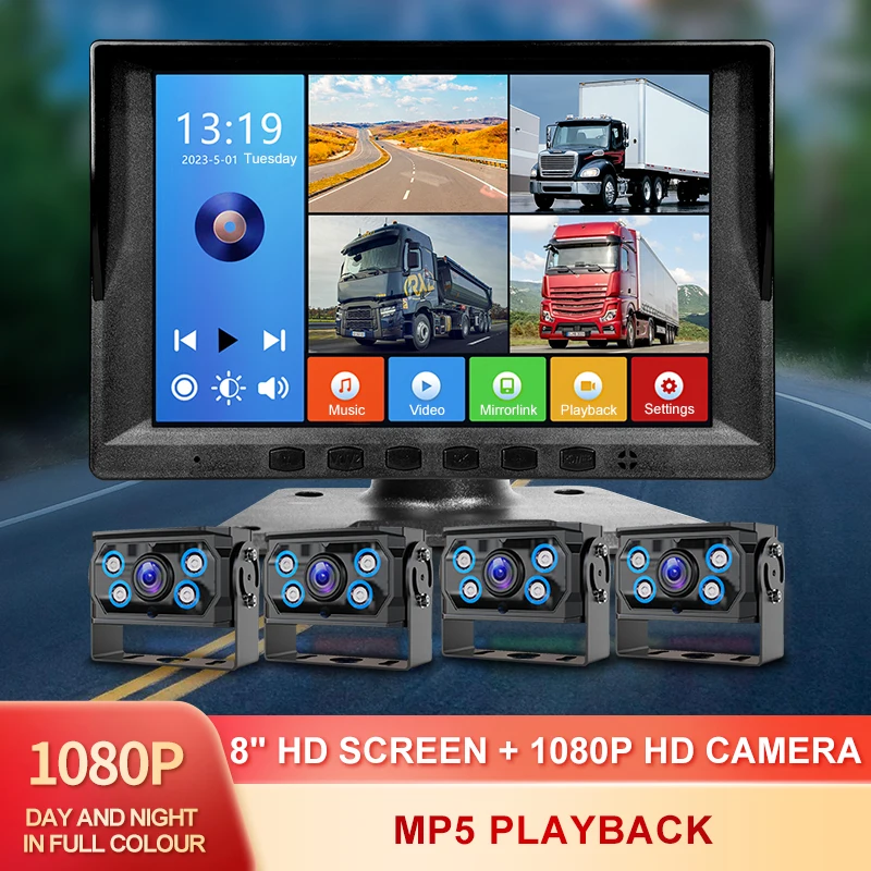 8 Inch 4CH Split Screen Car MP5 DVR Recorder Monitor With AHD Front Rear Backup Camera for Truck/Bus/Trailer/RV