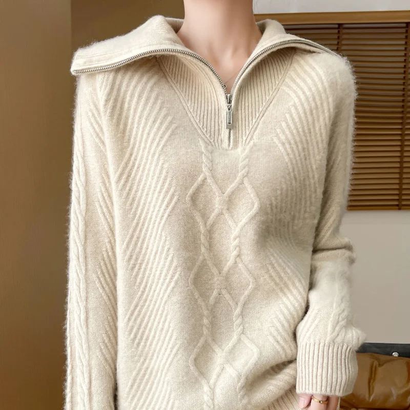 

Thickened Lapel Sweater Women's 100%Merino Wool Jacquard Knit Pullover Fashion Women's Clothes Autumn and Winter Solid Color Top