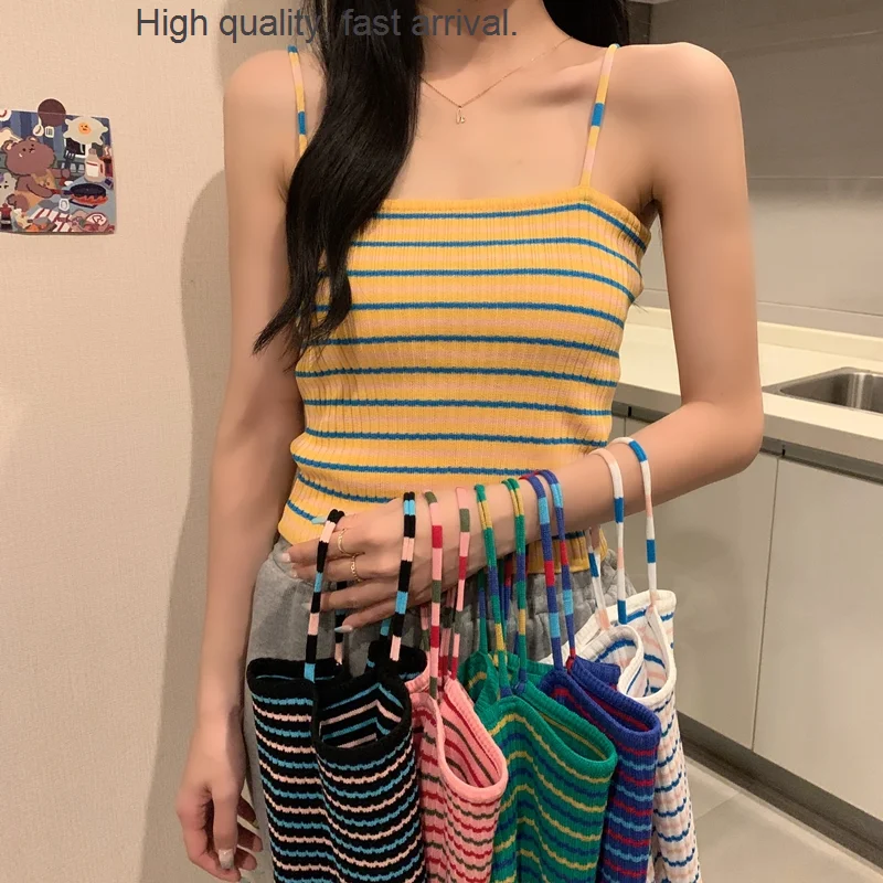 

French Style Summer Vintage Stripe Knitted Vest Outer Wear Design Sense Niche Bottoming Small Slip Top Women's Shirt Fashion