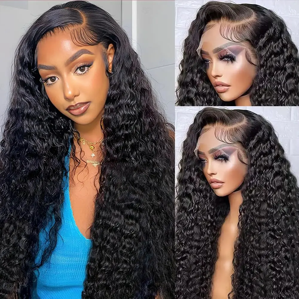 Deep Wave Lace Front Wigs Human Hair Pre Plucked 210Density 13x6 Lace Frontal Human Hair Wigs Curly Wig Human Hair Natural Black