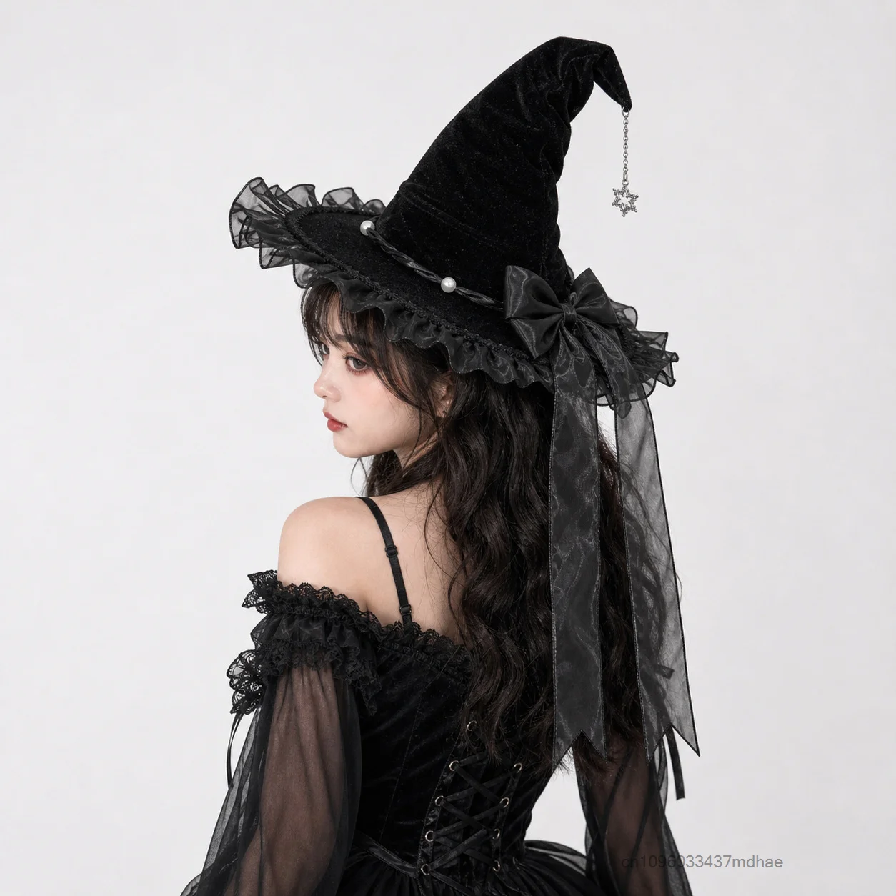 Women Gothic Witch Hat Black Pointed Wizard Cap Purple Lace Trim Star Pendant Halloween Party Cosplay Lolita Costume Props 3