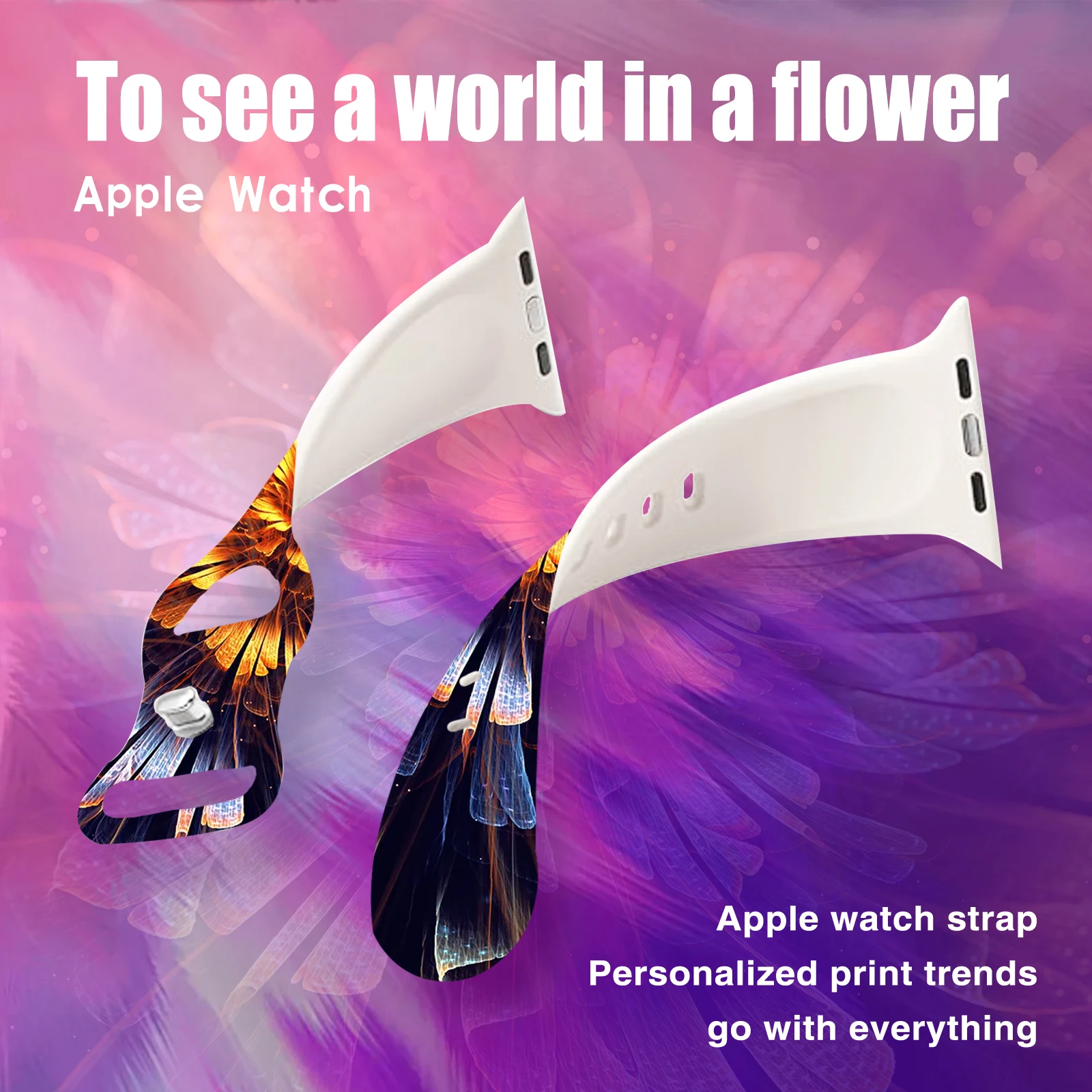 حزام ساعة مطبوع من سلسلة Floral Universe لساعة Apple 11/10/9/8/7/SE، حزام سيليكون بديل ناعم مقاوم للماء 46/45/44/42 ملم