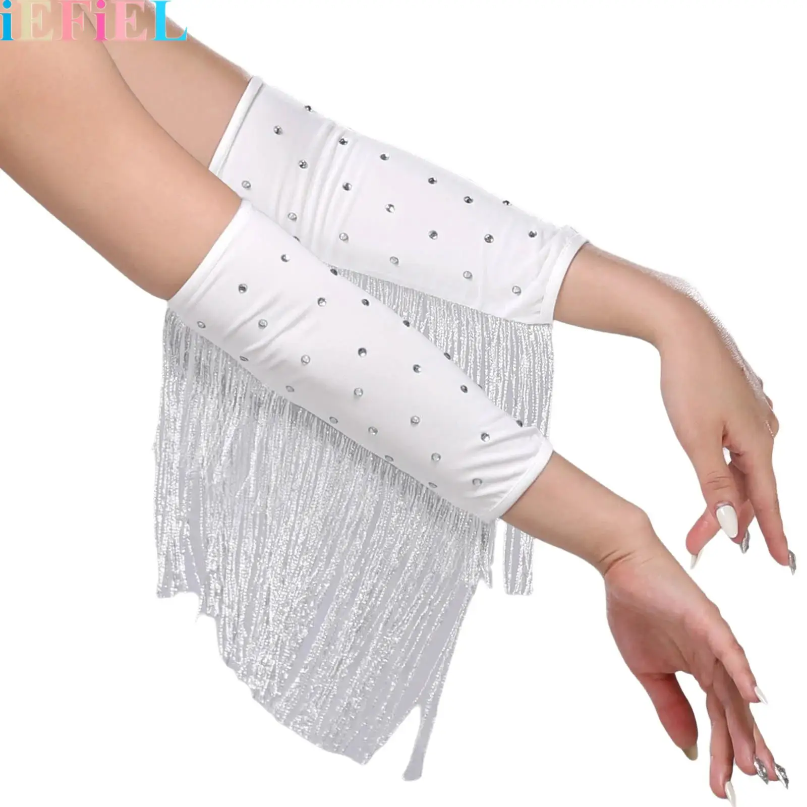 

Wrist Sleeves Tassel Glitter Gloves Tassel Glitter Gloves Fringe Rhinestones for Women Latin Dance Costumes Accessories
