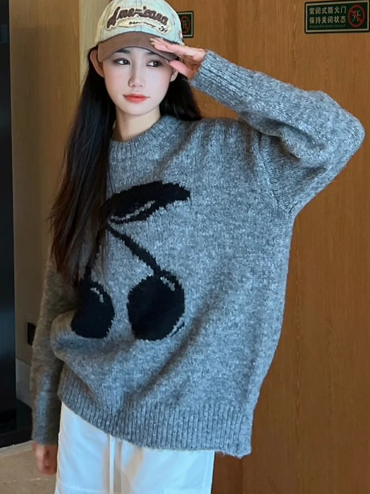 Maglione lavorato a maglia ciliegia ispessito da donna Girocollo ampio Stile pigro Top Design-Focalizzato Autunno Inverno Moda 2025