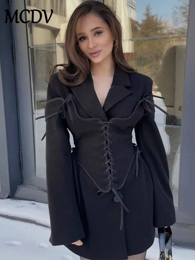 BKQU Elegante Bandage Schlank Blazer Frauen Kleid 2025, Frühling Temperament Langarm Woolen Jacke Zwei-stück Set Chic Straße outwear