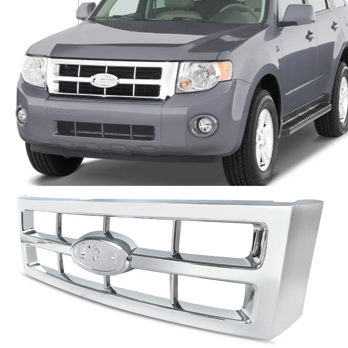 MAGICKIT Fits For Ford Escape 2008-2012 Front Upper Grille Chrome Plastic Front Bumper Grille Painted Factory Style Accessories