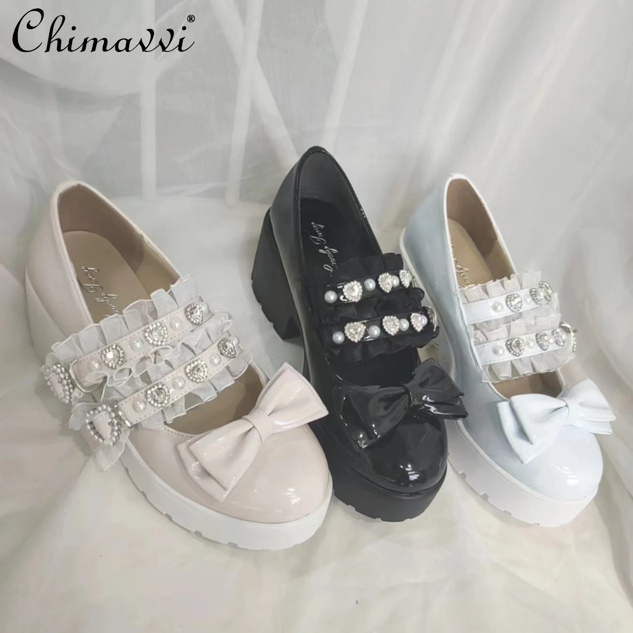 

Japanese-Style Retro Pearl Rhinestone Height Increasing Lolita JK Leather Shoes Bow Mary Jane Shoes Chunky Heel Pumps for Women