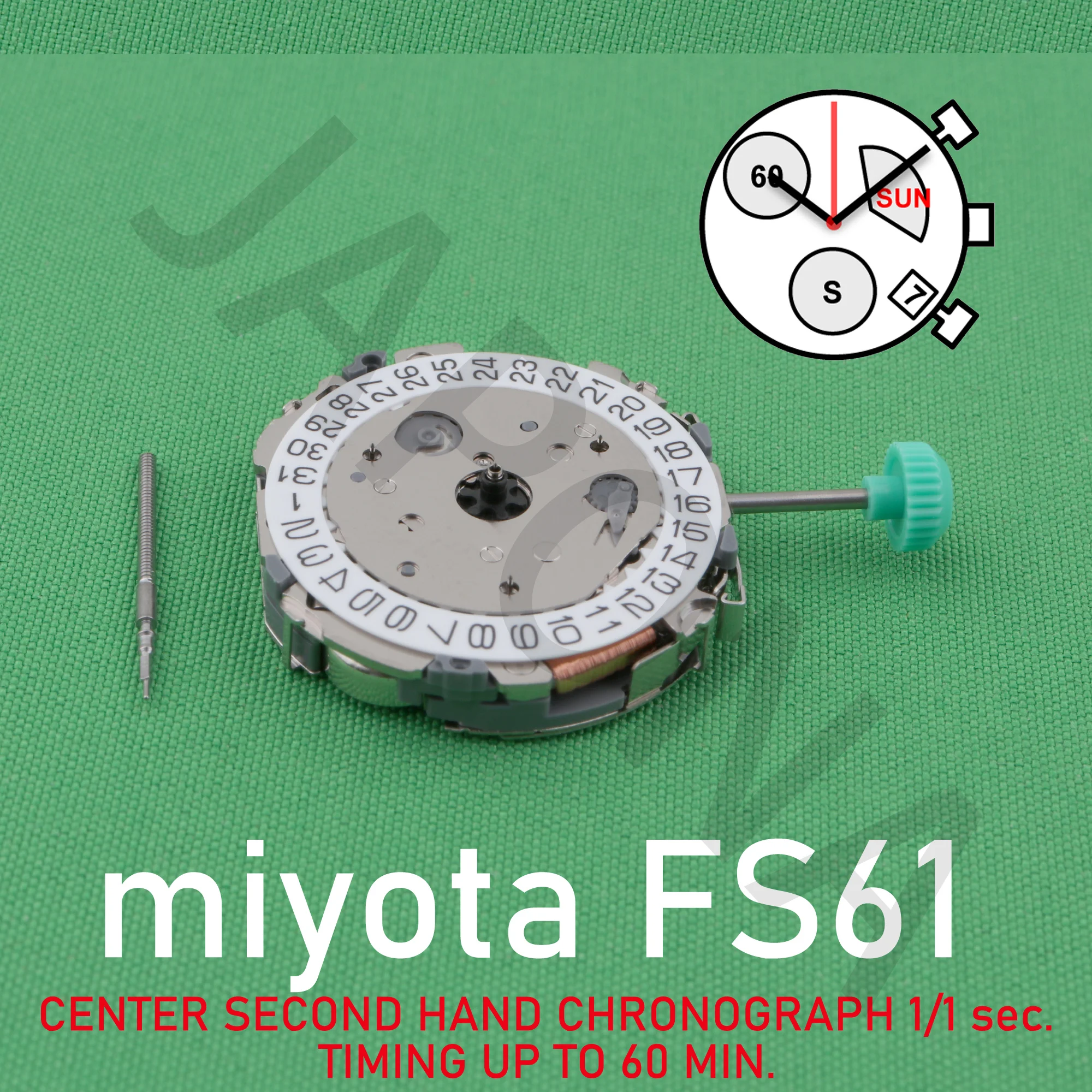 FS61 movement miyota fs61watch movement CENTER SECOND HAND CHRONOGRAPH 1/1 sec.TIMING UP TO 60 MIN. date