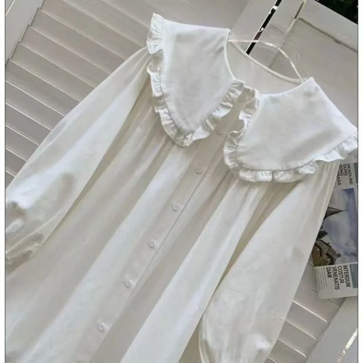Damenhemden, einfarbig, mit langen Puffärmeln, Peter-Pan-Kragen, koreanischer Stil, modische Oberteile, Retro-Damenbluse, schlicht, lässig, vielseitig kombinierbar. – Detail 15