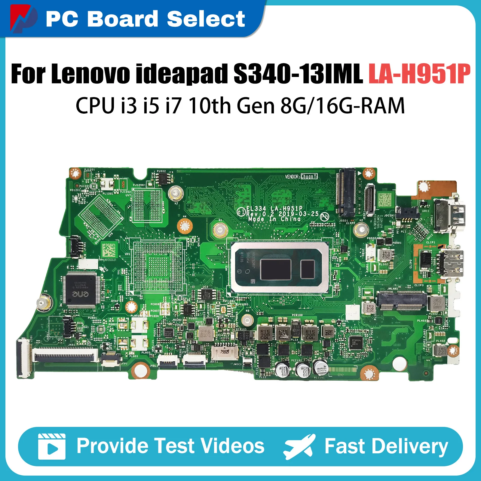 

LA-H951P Mainboard For Lenovo Ideapad S340-13IML Laptop Motherboard 5B20W59233 With CPU i3 i5 i7 10th Gen 8G 16G-RAM