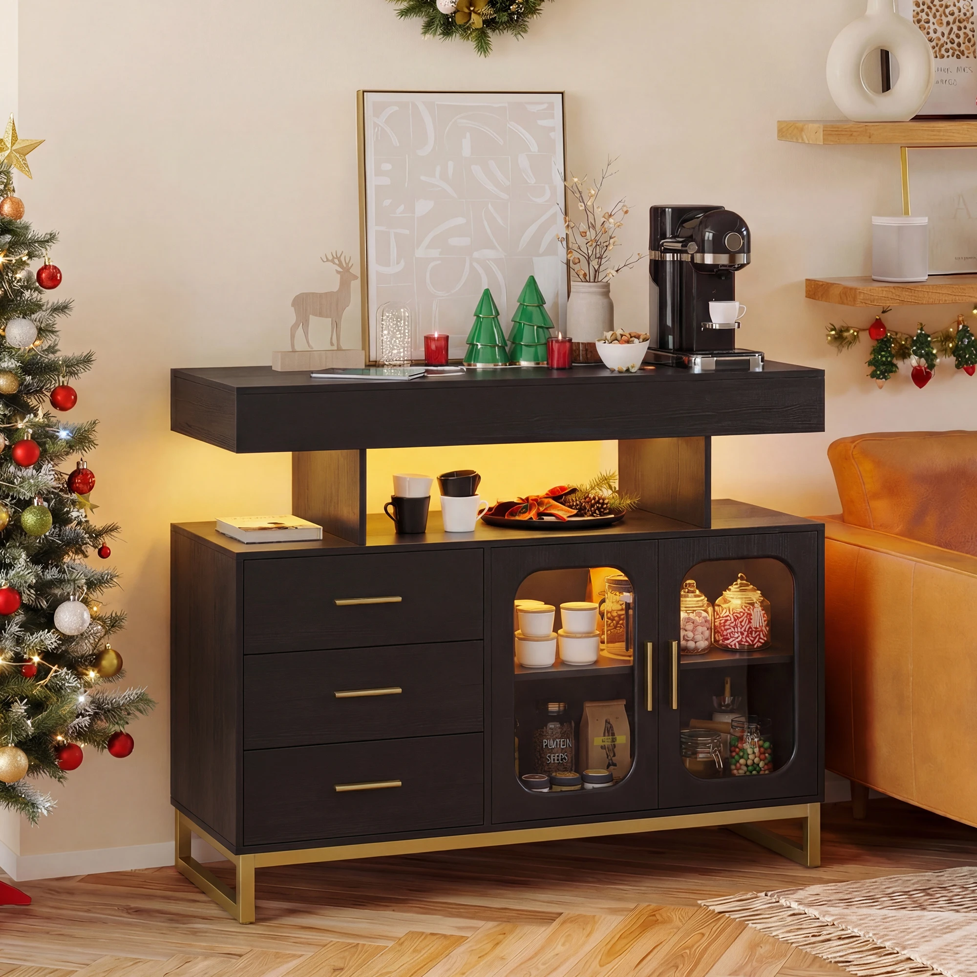 Modern LED Sideboard Buffet Cabinet with 16-Color RGB Lighting & Charging Station, Motion Sensor, 3 Drawers, USB & AC Ports - High Gloss Storage for Dining Room, Coffee Bar