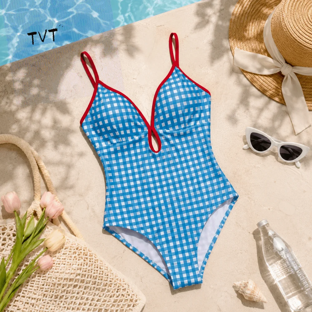 

High-End Feeling Open Back Bodysuit Swimwear Sweet Slim Fit Bikini Set Summer Beachwear V-neck Bathing Suit Beach