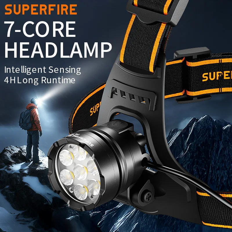 

SUPERFIRE HL107 Powerful Headlamp 7 LED Headlight USB C Rechargeable with Built in 18650 Battery Sensor Head Work FlashlighT