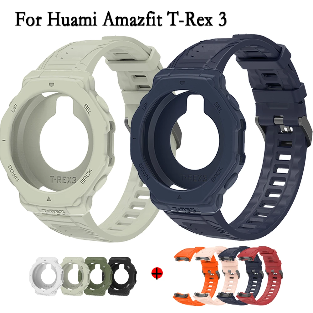 

For Huami Amazfit T-Rex 3 Strap and Same Color Watch Case Single Color Adjustable Wristband +Shell Decoration