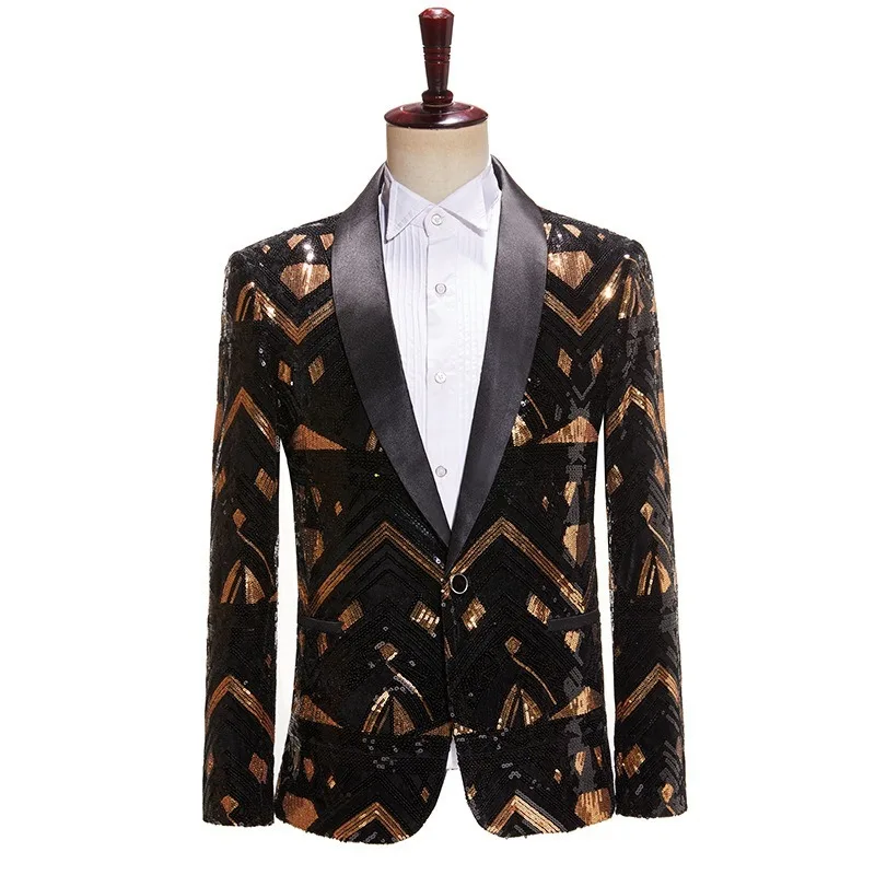 

New Men's Black and Gold Sequinned Fashion Single-Breasted Jacket Asian Sizes Stage Performance Singer Glittering Outerwear