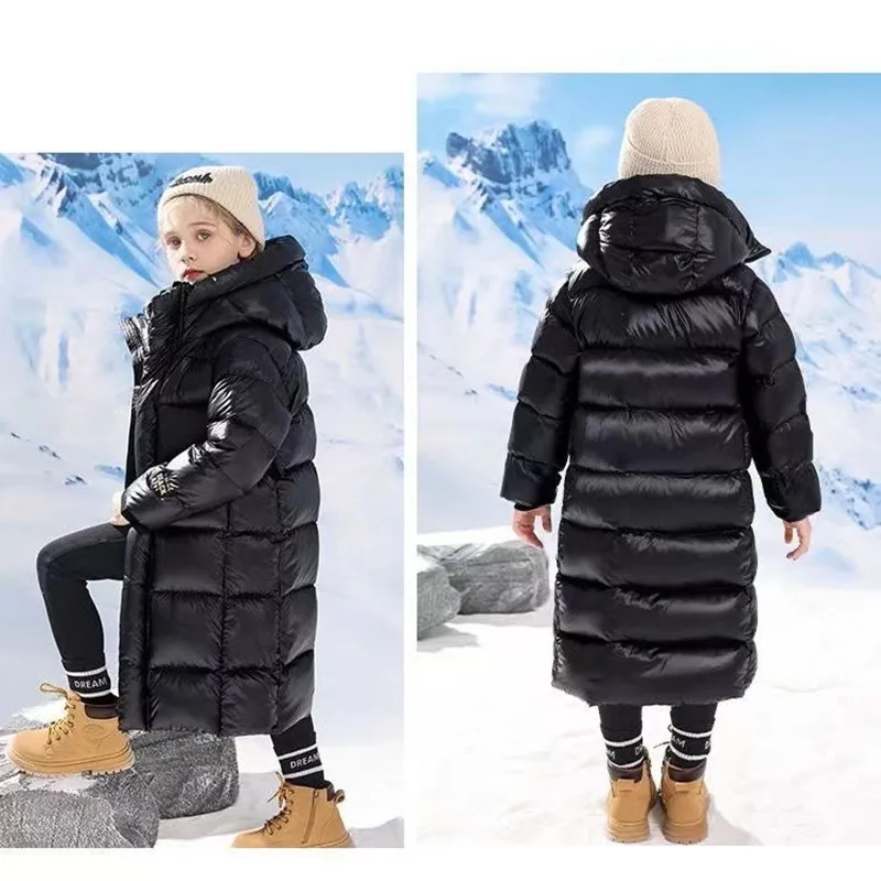 Winter Jacket For Boys Girls Long Length Down Jacket Black Thickened Hooded Coat Big Childrens Outerwear Birthday Gift